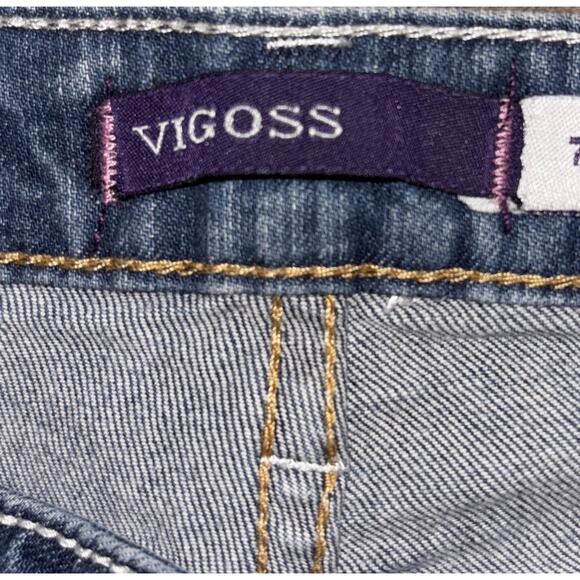 Vigoss Women's Denim Capri Pants Size 7 Cropped Embellished Distressed Cuffs EUC - Picture 8 of 9